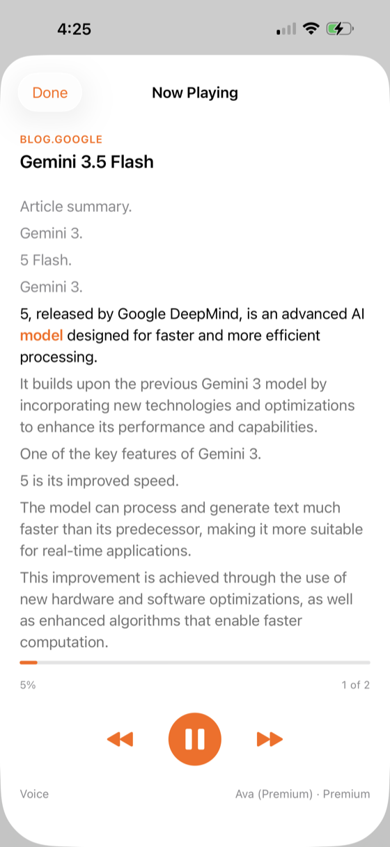 Now Playing — Gemini 3.5 Flash article summary streaming in spoken audio with playback controls