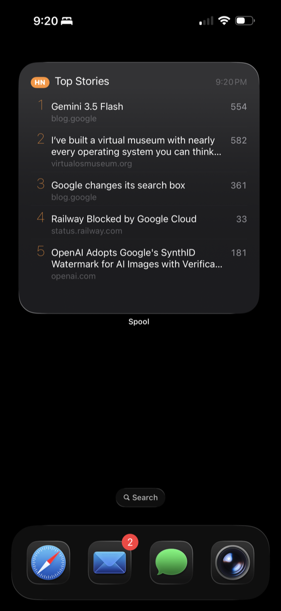 iPhone home screen with the Spool widget showing the top 5 Hacker News stories